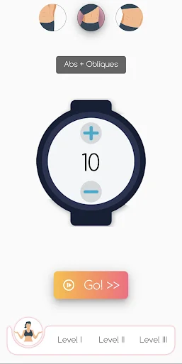 Abs + Obliques 10-minute abdominal core workout screen with Go button and three difficulty levels in Abs Fitness app