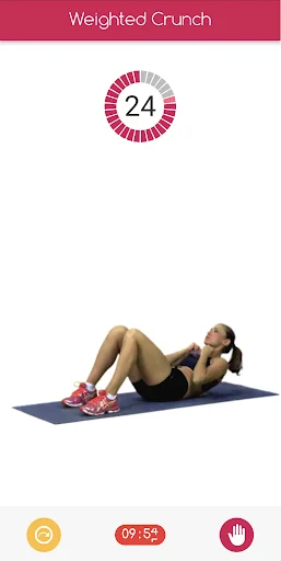 Weighted Crunch abdominal exercise with 24-second rep timer, form demonstration, and 9:54 remaining workout time
