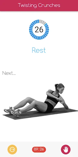 Twisting Crunches rest period with 26-second counter, exercise demonstration, next exercise preview, and 9:26 remaining time