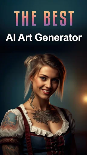 AI Art Generator app welcome screen titled 'The Best AI Art Generator' featuring AI-generated portrait example
