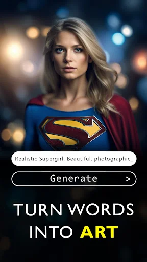 Text-to-image AI generation screen with prompt input, Generate button, and AI-created superhero artwork example