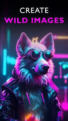 Create Wild Images feature showcasing neon cyberpunk style AI-generated dog portrait with vibrant color effects