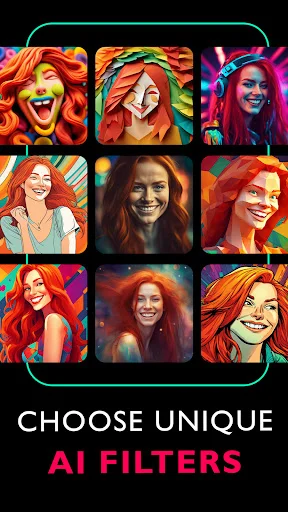 AI Filters selector showing grid of colorful artistic filters and effects for AI-generated art customization