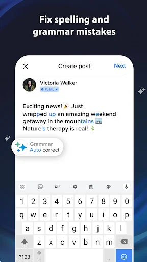 Galaxy Assistant grammar auto-correct feature highlighting and fixing spelling errors in a compose post with real-time corrections