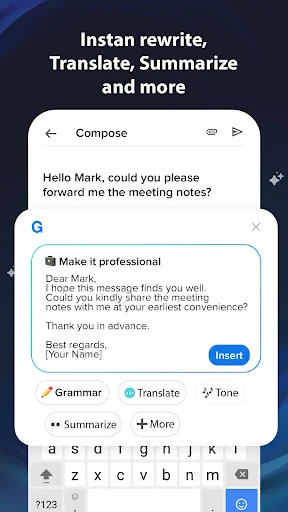 Galaxy Assistant compose screen showing instant rewrite, translate, summarize and tone options for message enhancement