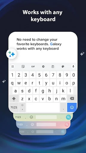 Galaxy Assistant compatible with any keyboard, showing multiple keyboard themes and options for flexible text input