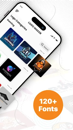 Logo Maker app interface showing 120+ stylish fonts library with multiple logo template options for creative text design