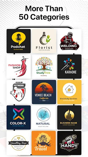 Logo Maker app categories screen displaying over 50 logo design categories including business, fashion, travel, and specialty options
