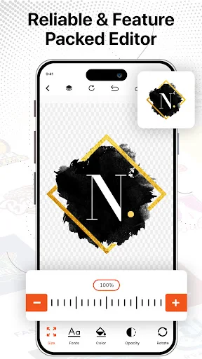Logo Maker editor showing customizable letter N logo with paint splash effects and gold border, featuring editing tools and layer controls