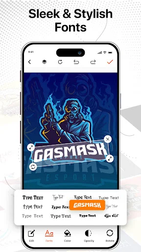 Logo Maker app displaying sleek GASMASH neon-style logo design with multiple editable font options for text customization