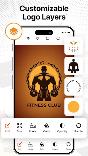 Logo Maker app showing Fitness Club logo design with customizable layers, including editable figure elements and color options