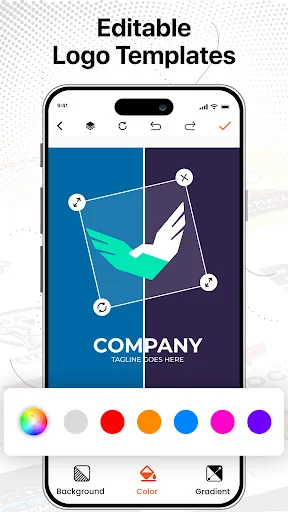 Logo Maker app with editable Company logo template featuring geometric shapes and color palette for professional brand design