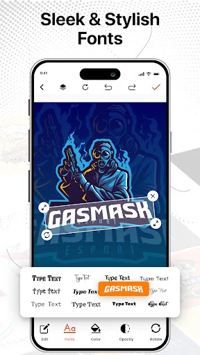 Logo Maker app displaying sleek GASMASH neon-style logo design with multiple editable font options for text customization