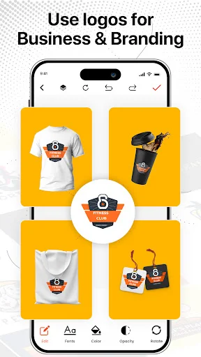Logo Maker app displaying branded merchandise mockups including custom logo designs on t-shirts, cups, and products for business branding