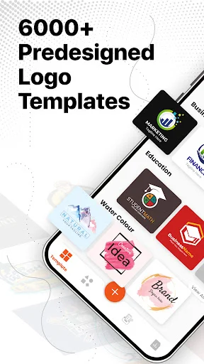 Logo Maker app featuring 6000+ predesigned logo templates displayed as colorful cards on smartphone screen for easy brand design selection