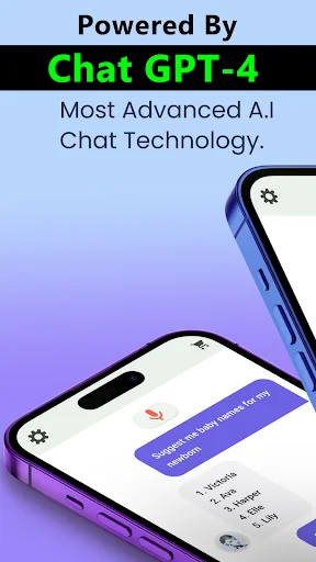 Mobile app screenshot of AI Speech Chatbot powered by ChatGPT-4 showing advanced AI technology interface on phone