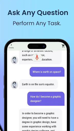 Ask Any Question feature allowing users to get AI assistance for tasks like graphic design career guidance
