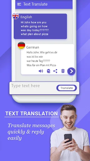 Text translation screen showing English-to-German translation with input field and translate button for quick message conversion