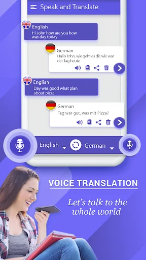 Voice translation chat interface displaying English-German conversation with microphone control and language selector buttons