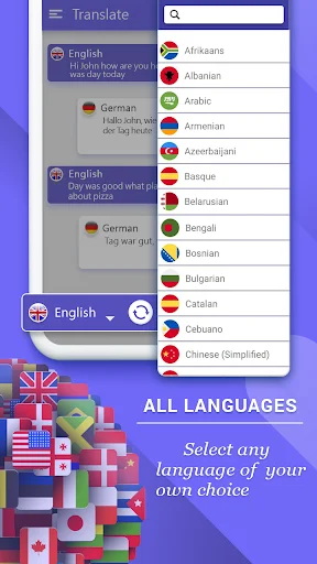 Language selection menu with searchable dropdown showing 100+ supported languages for translation including Afrikaans, Albanian, and Chinese