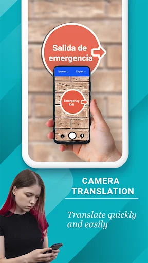 Camera translation interface pointing at brick wall sign reading 'Salida de emergencia' with real-time translation overlay