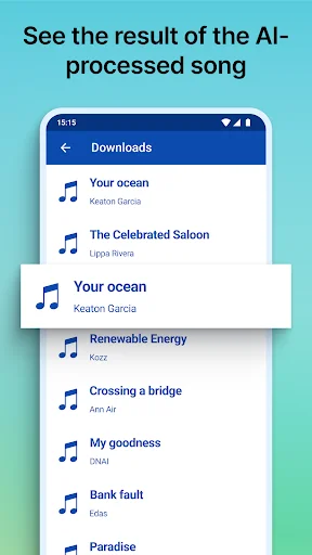 Downloads library showing list of processed songs with artist names, music icons, and individual vocal removal results