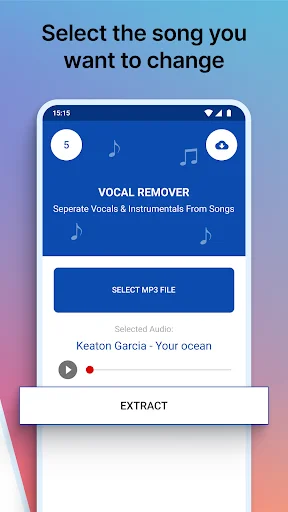 Song selection interface with Keaton Garcia Your ocean track, extract button to separate vocals and instrumentals