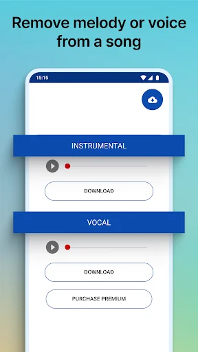Results page displaying separated instrumental and vocal audio tracks with download buttons and premium upgrade