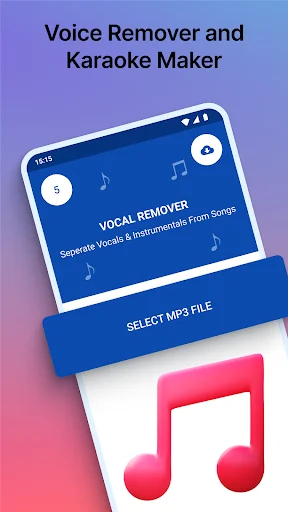AI Vocal Remover app home screen with voice remover tool, select MP3 file button, and karaoke maker feature