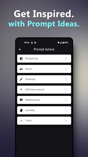Prompt Advice with AI conversation ideas in Productivity, Creativity, Social, Relationships, Learning, Self Improvement, Tasks