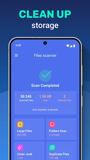 Files scanner showing 50,245 scanned files, 1.58 GB junk detected, 2 infected files, with cleanup options