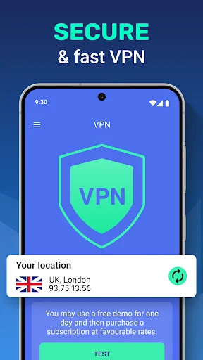 VPN interface with shield icon, location UK London, privacy protection and subscription offer for anonymous browsing