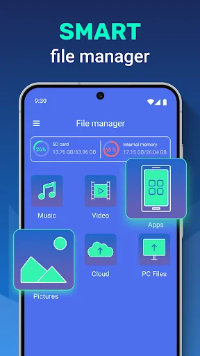 File manager showing categories: Music, Video, Apps, Pictures, Cloud, PC Files with internal and SD card storage info