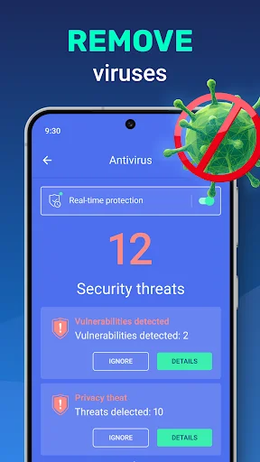 Antivirus interface displaying 12 security threats: 2 vulnerabilities, 10 privacy threats; real-time protection enabled