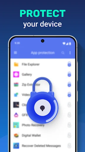 App protection screen with padlock icon and list of apps with individual lock toggles for confidential data protection