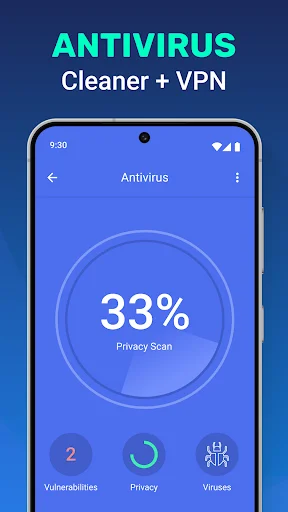 Antivirus privacy scan at 33% progress displaying vulnerabilities count, privacy status, and virus detection statistics