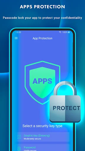 App protection setup with shield icon offering security key type selection and password protection for app access control