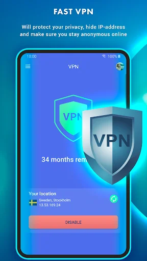 VPN interface showing 34 months remaining subscription, location Sweden Stockholm, with option to disable VPN connection
