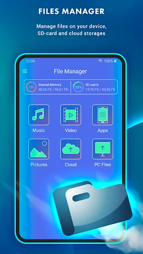 File manager interface with storage categories: Music, Video, Apps, Pictures, Cloud, PC Files; internal and SD card stats