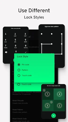 Lock style options menu showing PIN code, pattern, and touch code selections, app security configuration interface