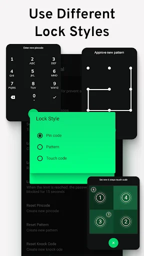 Lock style selection showing PIN code, pattern, and touch code lock methods with visual examples for app security setup