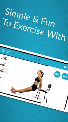 Torso Twist exercise demonstration using a chair with 19-minute workout duration and Next and Skip navigation options