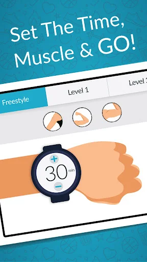 Freestyle arm workout timer set to 30 seconds with Level 1 and 2 difficulty options for muscle training