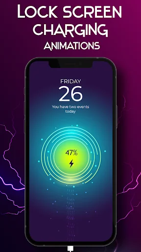 Lock screen charging animation with turquoise circular design displaying battery percentage and calendar info