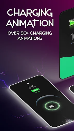 Battery charging animation app showcasing 50+ animated charging effects with neon glow on purple background