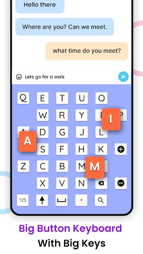 Big Button Keyboard displaying large colorful QWERTY keys with purple-blue background and chat messages interface for smooth fat-finger typing