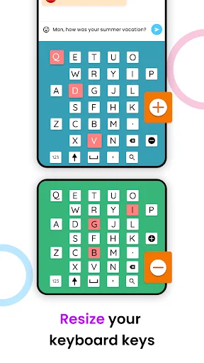 Two resizable Big Button Keyboard layouts in teal and green showing customizable key sizes for optimized user comfort and accessibility