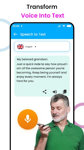 Voice to Text feature with English language selector, large microphone button, and spoken message transcription for hands-free typing