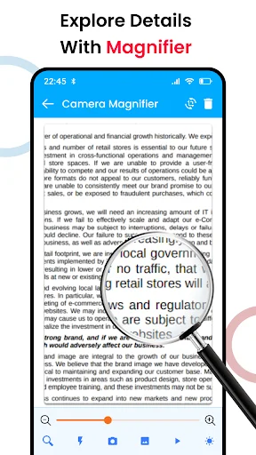 Camera Magnifier feature displaying magnified text content with zoom lens overlay for enhanced document reading and accessibility