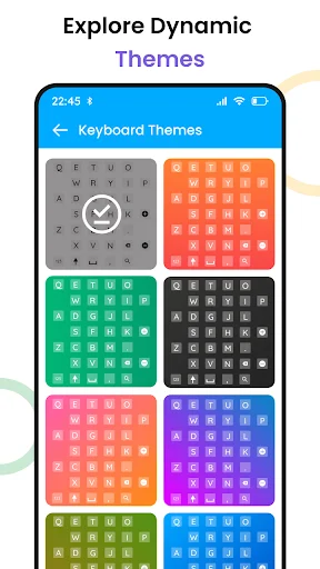 Keyboard Themes selection screen with eight colorful design options including teal, green, orange, purple, and blue themes for personalization